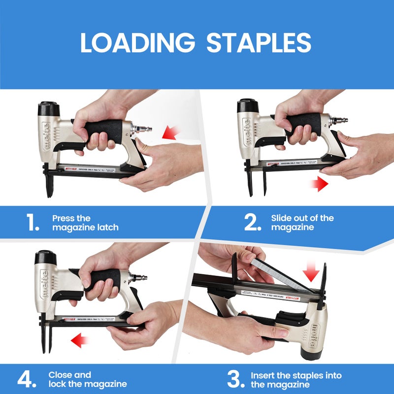 meite MT7116LN Pneumatic Upholstery Stapler 22 Gauge 71 Series 3/8" Crown 1/4" to 5/8" Length Long Nose Stapler - Image 4